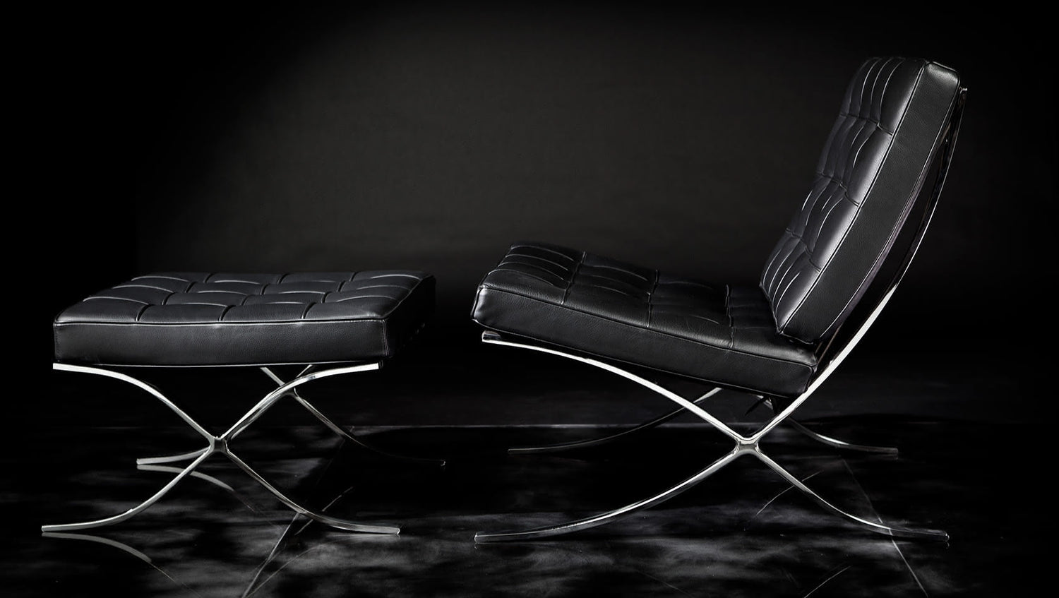 Barcelona set armchair and stool with leather or fabric upholstery