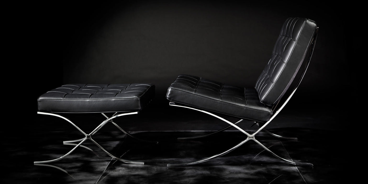 Barcelona set armchair and stool with leather or fabric upholstery