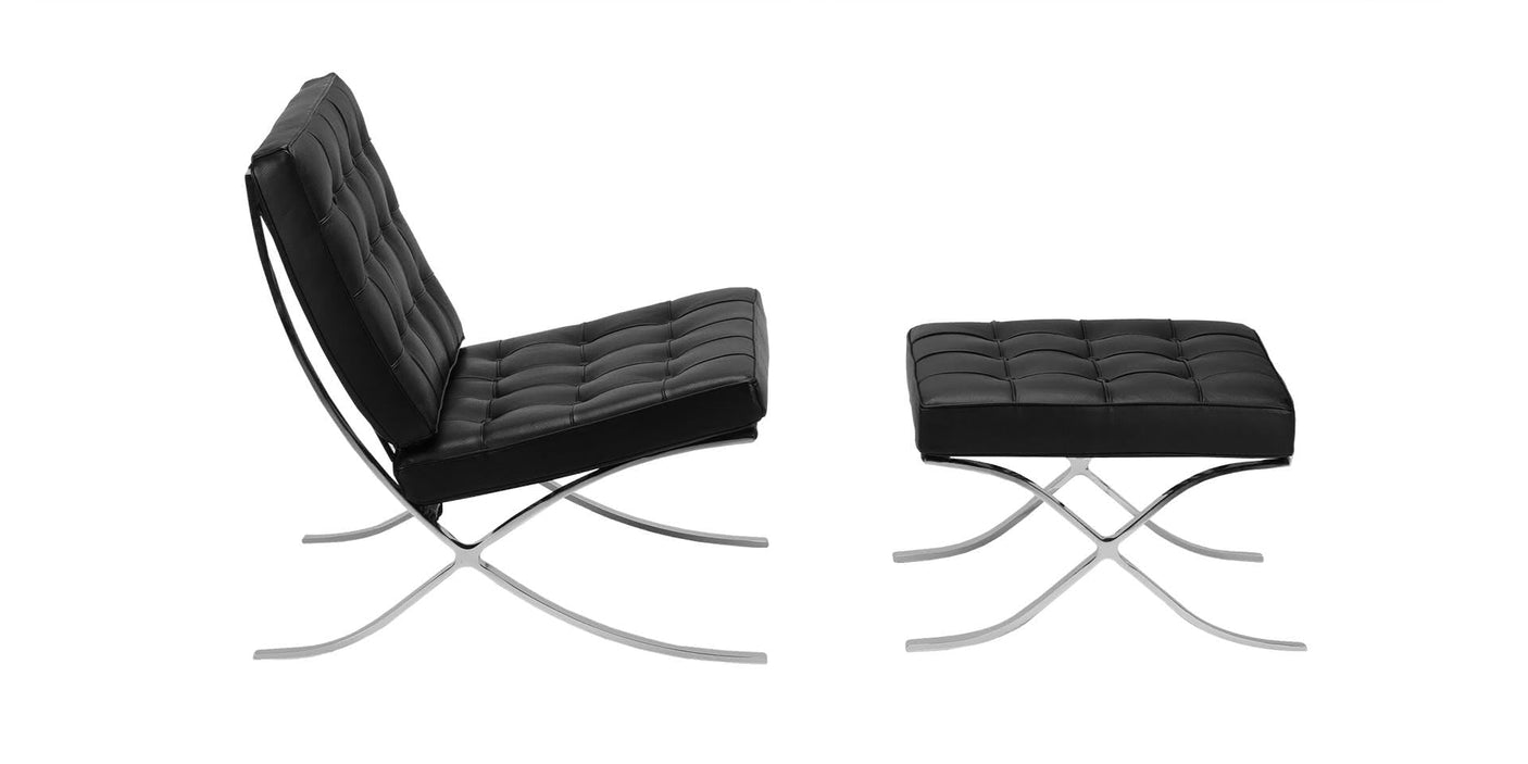 Barcelona set armchair and stool with leather or fabric upholstery