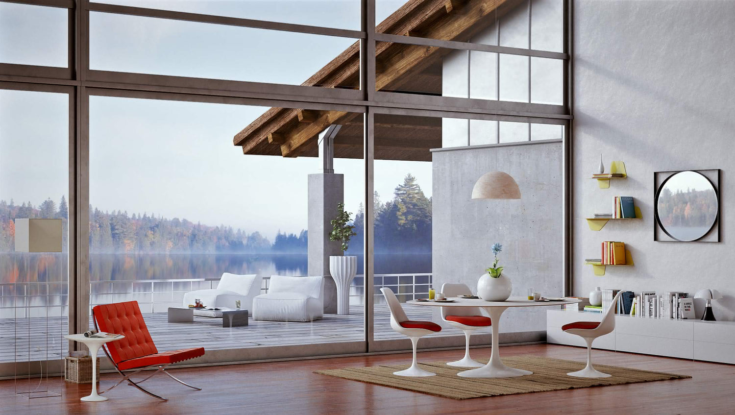 Cometa floor lamp Barcelona chair Tupil round table H20 Brix chest of drawers 2 Ball vase