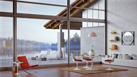 Cometa floor lamp Barcelona chair Tupil round table H20 Brix chest of drawers 2 Ball vase