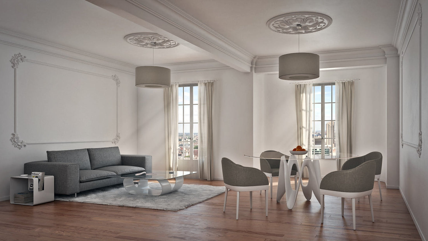 Ring Rich rug Carnaby sofa Libris magazine rack Sospensione lamp Lambda round Agata chair