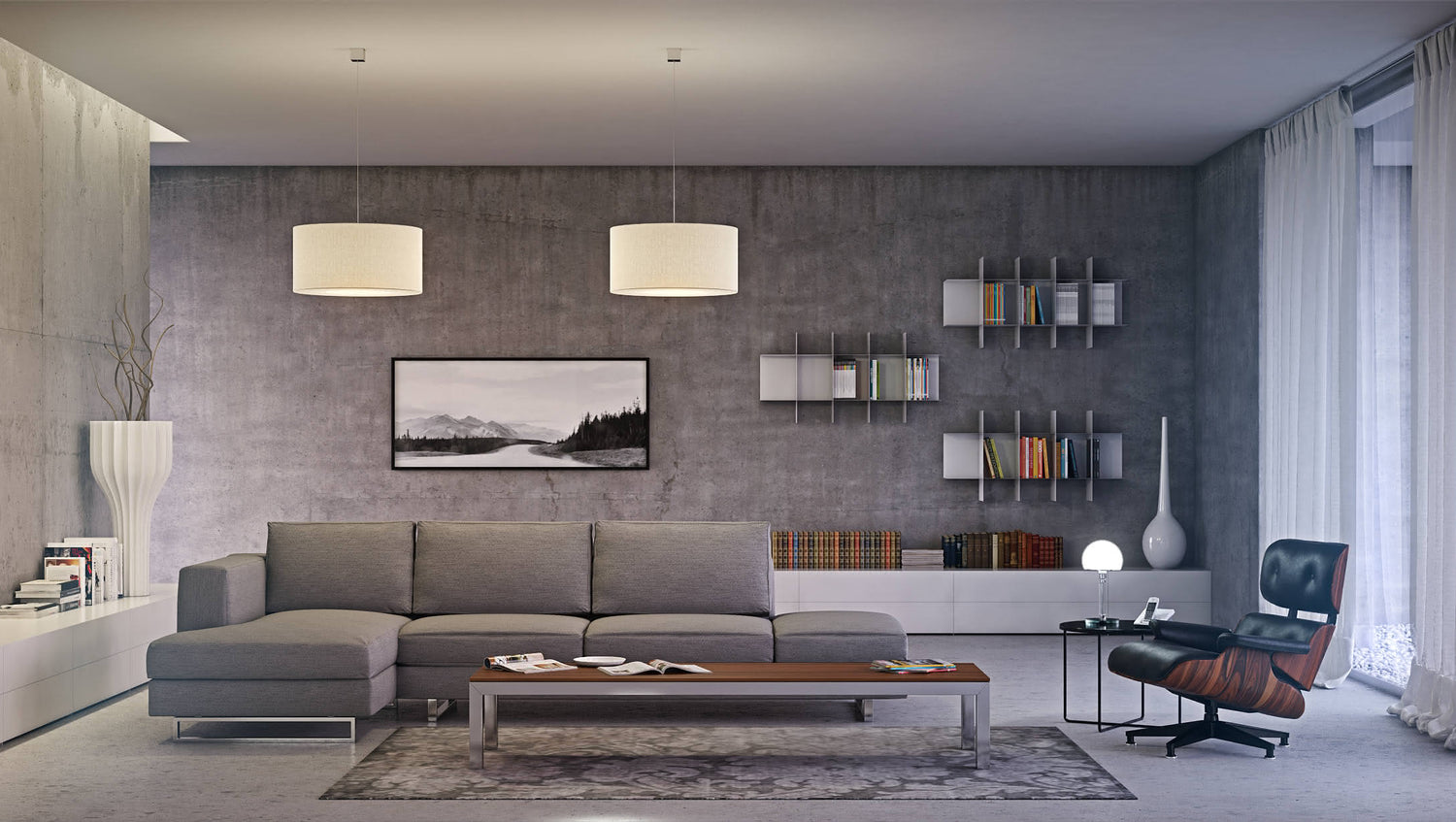 Alison modular sofa Lounge chair W53 lamp Innesto shelf Sospensione lamp Brix Dan coffee table Drappo rug Line vase Milano vase Pinktor coffee table